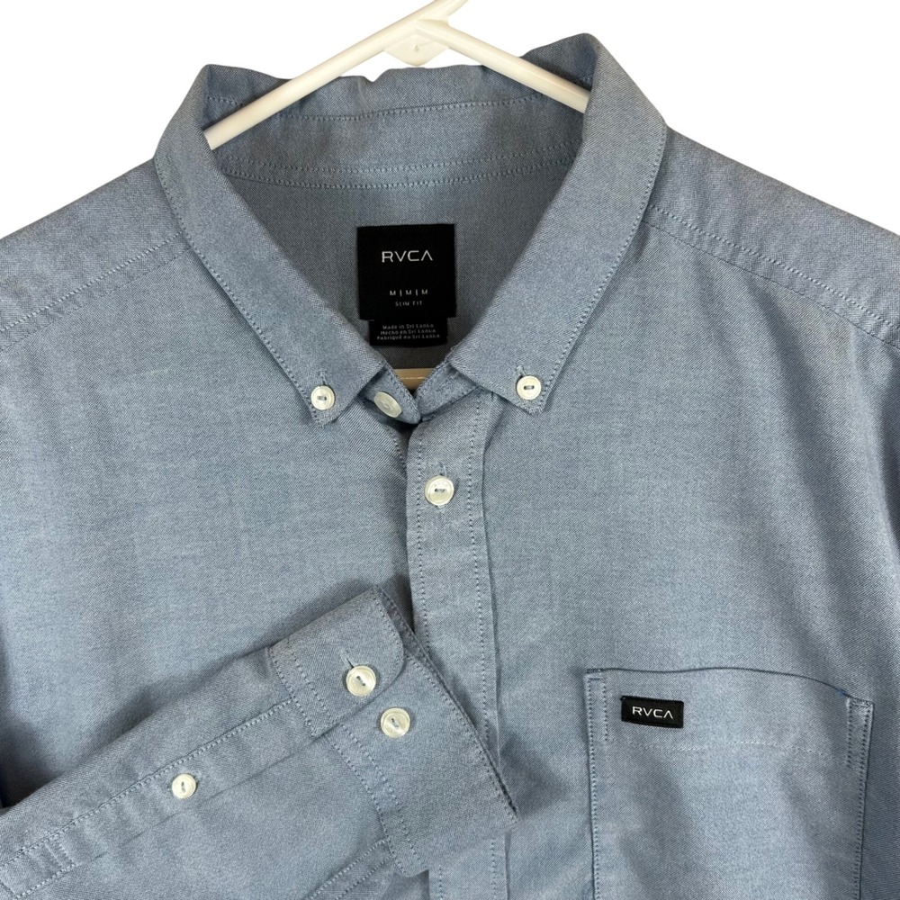 RVCA Mens Slim Fit Long Sleeve Button Down Shirt Light Blue Oxford Medium